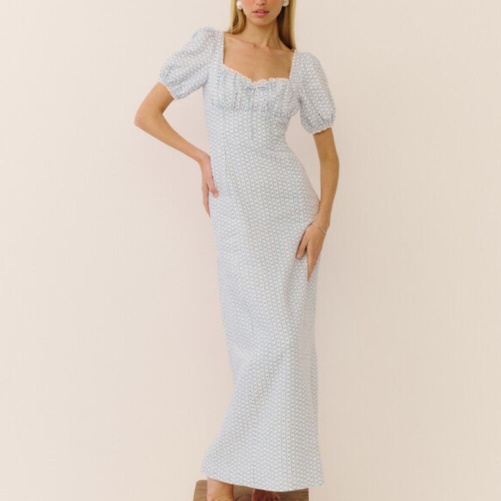 Reformation Cherise Maxi Dress NEW Linen Blue Motif Short Puff Sleeve Size 10